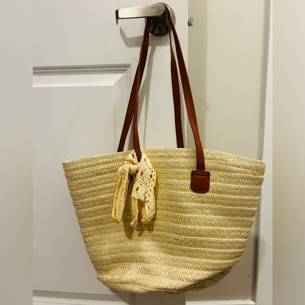 Chic Cream Straw Tote with Brown Accents